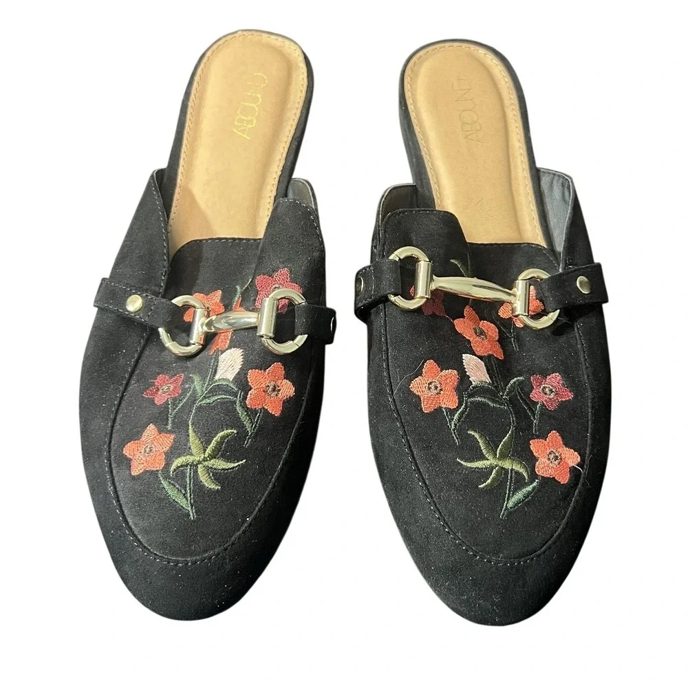 ABOUND Women's Black Embroidered Floral Mule Flats Slip On Loafers Size 7.5‎